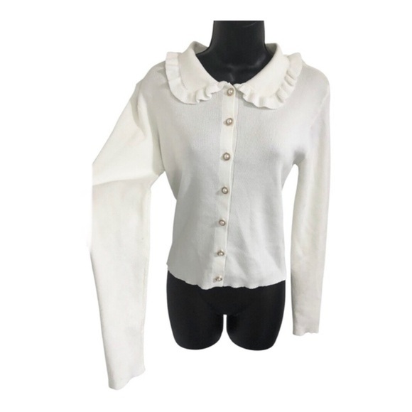 Cream ecru offwhite ruffle collar ribbed pearl button cardigan sweater size L‎ - Picture 1 of 14
